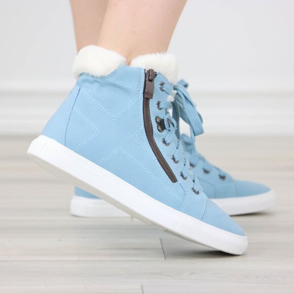 High Tops Womens Fashion Sneakers Shoes Fuzzy Ankle Light Blue - Picture 6 of 13